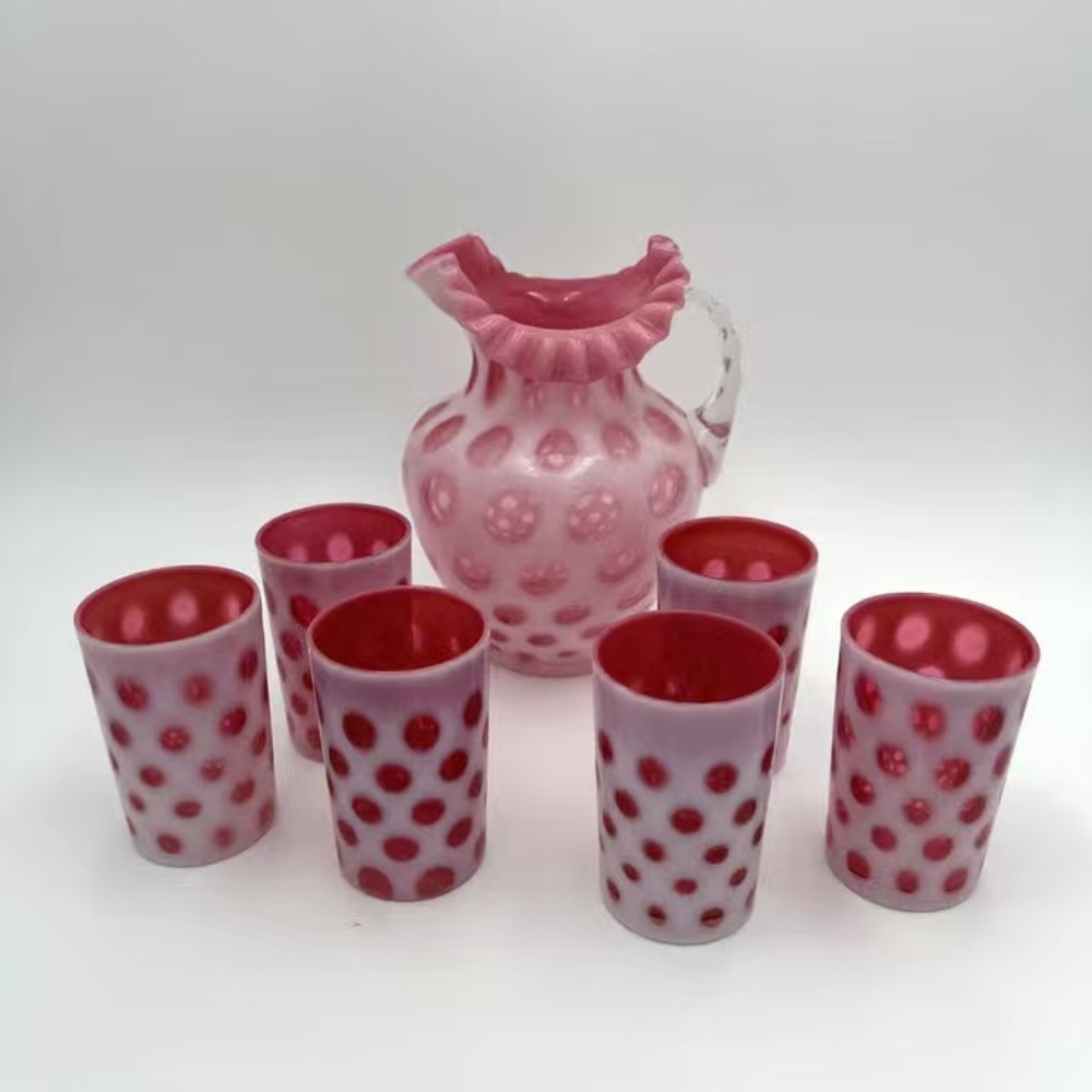 Fenton Pink and Red Hobnail Pitcher Set